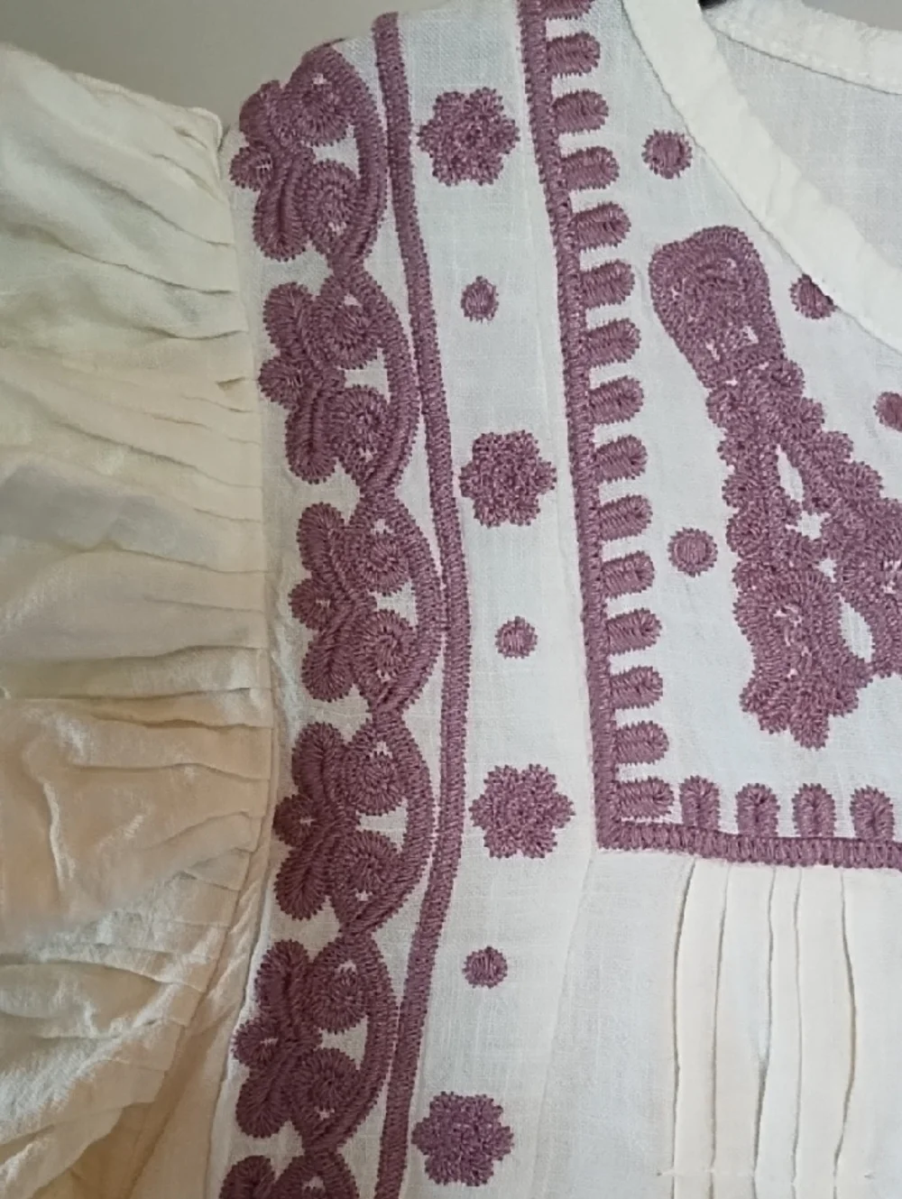 Embroidered Ruffle Cotton Blouse - Cream with Mauve Detail - Picture 2 of 7